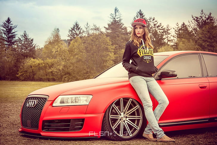 Red Audi A6 and Girl, Tuning, cars, lights, wheels