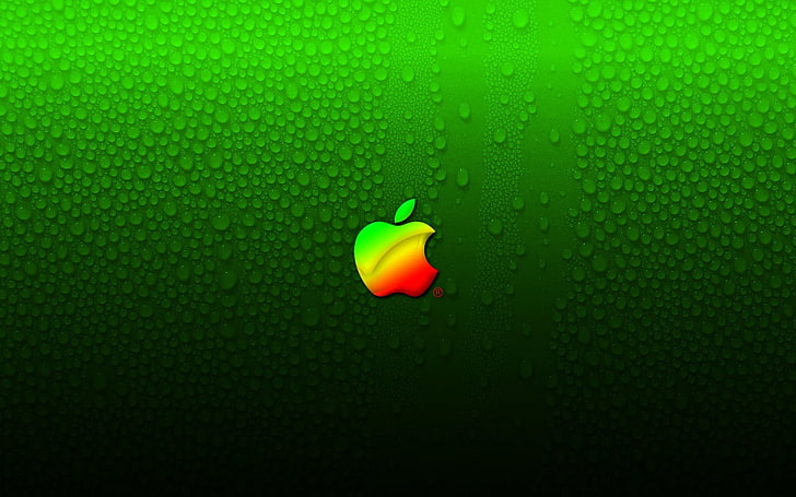 Apple And Water Drops, Apple logo illustration, Computers, green, HD wallpaper