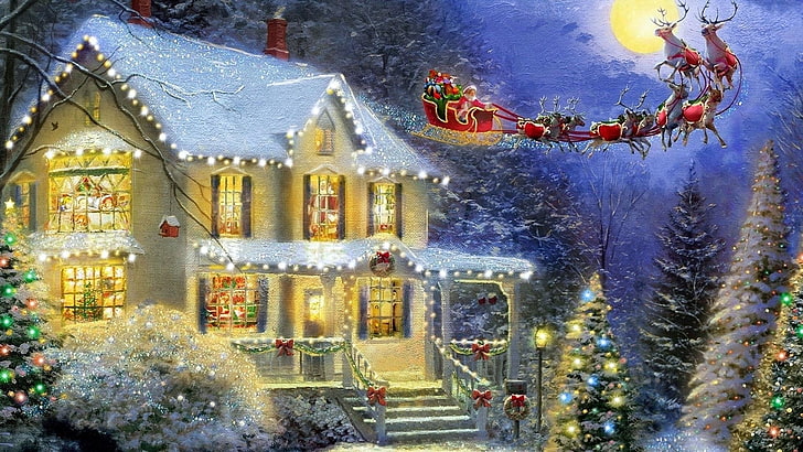 Holiday, Christmas, Artistic, Santa, Sleigh, Snow, Tree, Winter