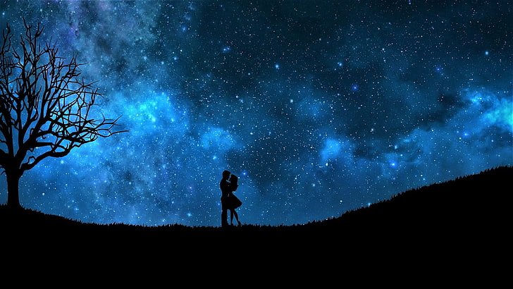 Artistic, Love, Blue, Couple, Hug, Night, Romantic, Silhouette, HD wallpaper