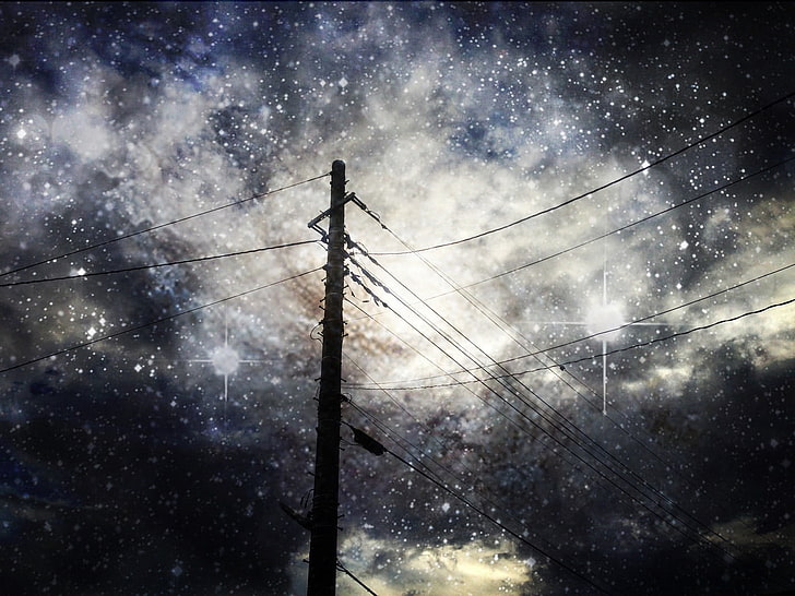black electric post, stars, power lines, artwork, sky, cable