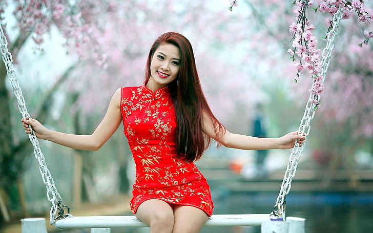 women, Asian, traditional clothing, dyed hair, brunette, long hair