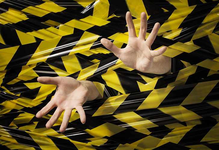 Stuck, hands, Plastic Ink, black, yellow, human hand, real people, HD wallpaper