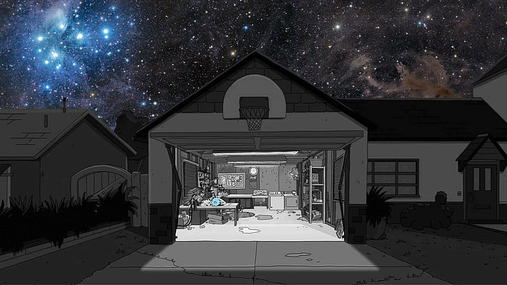 garage illustration, Rick and Morty, Unity, Rick Sanchez, night
