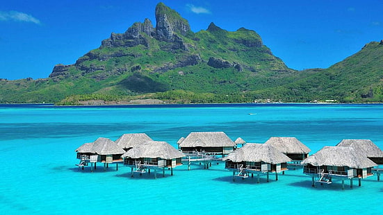 Tropical 6x8 FT Photography Backdrop Water Bungalows of Tropical Resort Bora Bora Island Pacific Ocean Panorama Background for Baby Shower Bridal Wedding Studio Photography Pictures Green Blue White
