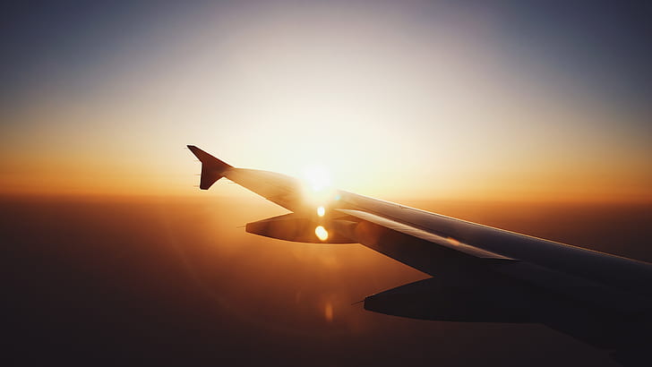 airplane, airplane wing, sunset, lens flare