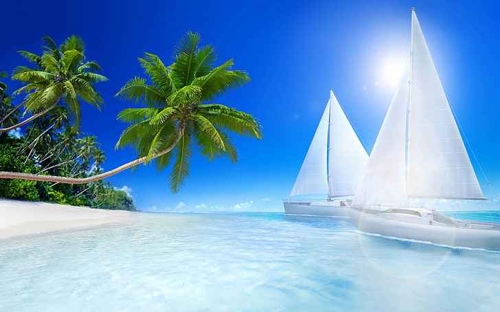 Tropical Landscape Ocean Islands Beaches Palm Trees Boats Desktop Hd Wallpapers 3840×2400
