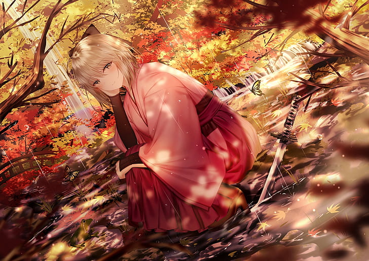 Fate/Grand Order, Okita Souji, rain, katana, sword, weapon