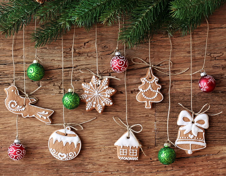 christmas decorations, treat, branch, needles, cookies, HD wallpaper