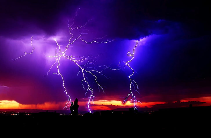 purple lightning, night, lights, clouds, power in nature, storm, HD wallpaper