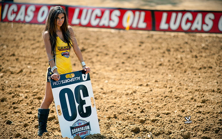 Motocross Promo Girl, women's yellow and black tank mini dress, black boots outfit, HD wallpaper