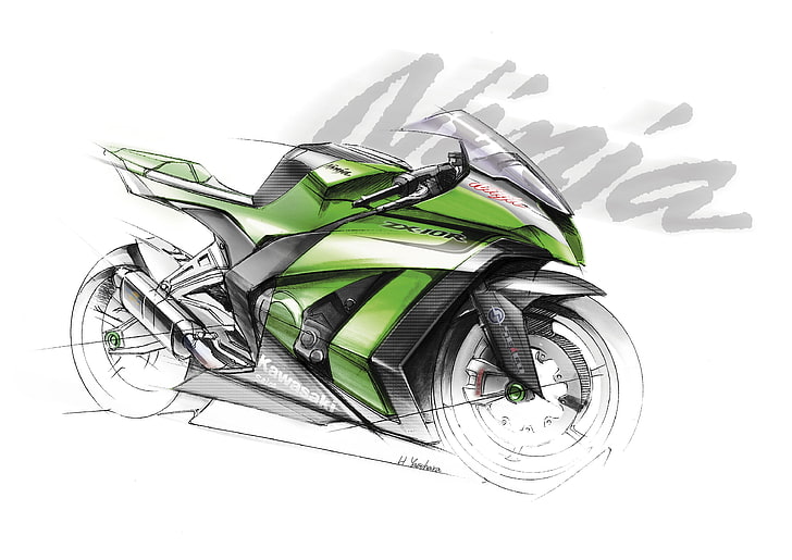 green sports bike, motorcycle, Kawasaki, Ninja, the sketch, ZX-10R, HD wallpaper