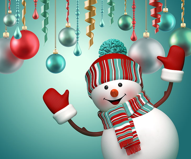 white snowman illustration, balls, New Year, Christmas, cute, HD wallpaper