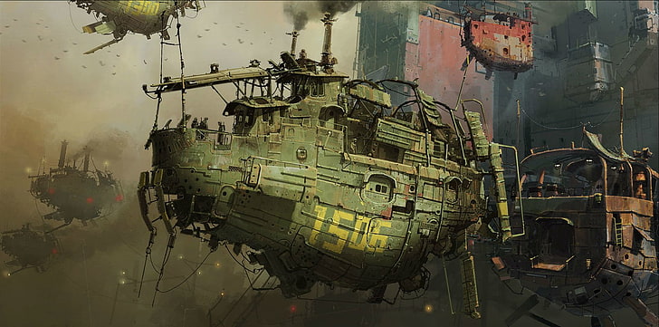 gray and multicolored abandoned ship wallpaper, Sci Fi, Steampunk