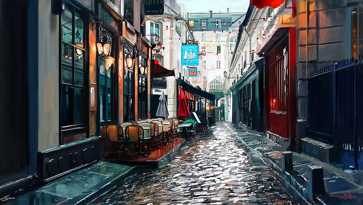 black wall sconces, street, painting, cobblestone, Paris, lantern