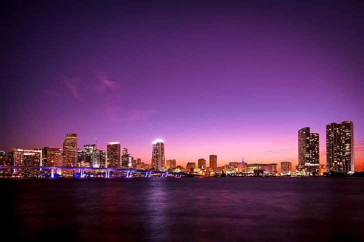 lighted city landscape portrait, Miami, Florida, building exterior