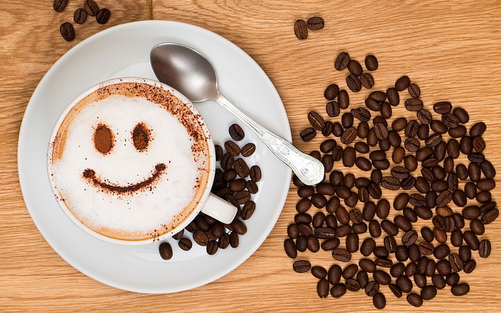 brown coffee beans, drink, smiley, spoon, cup, food and drink