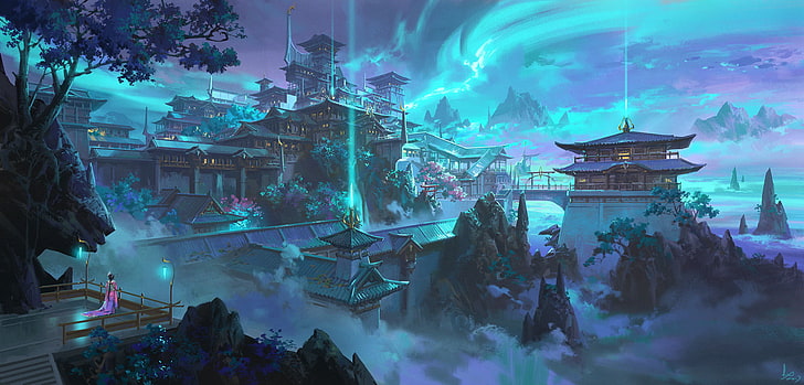 pagodas wallpaper, fantasy art, mist, temple, blue, mountains, HD wallpaper