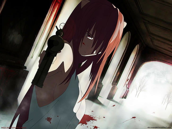 elfen lied anime anime girls pink hair red eyes lucy gun, indoors, HD wallpaper
