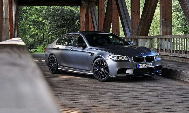 BMW M5 on bridge, f10, matte grey, HD wallpaper