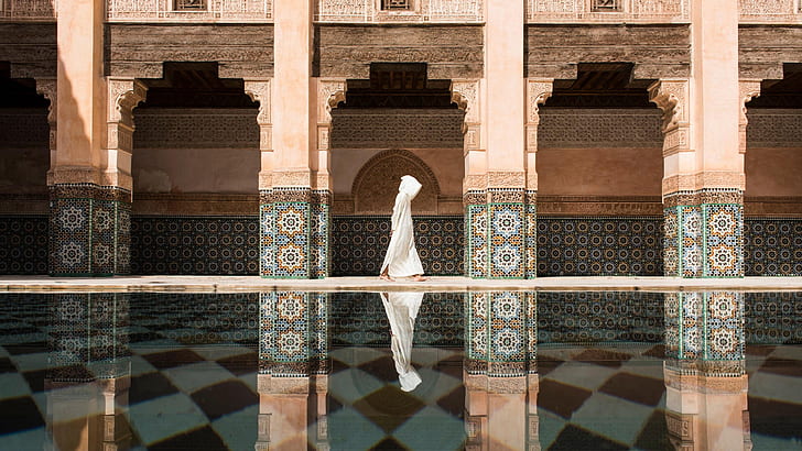 Morocco, swimming pool, temple, Marrakesh