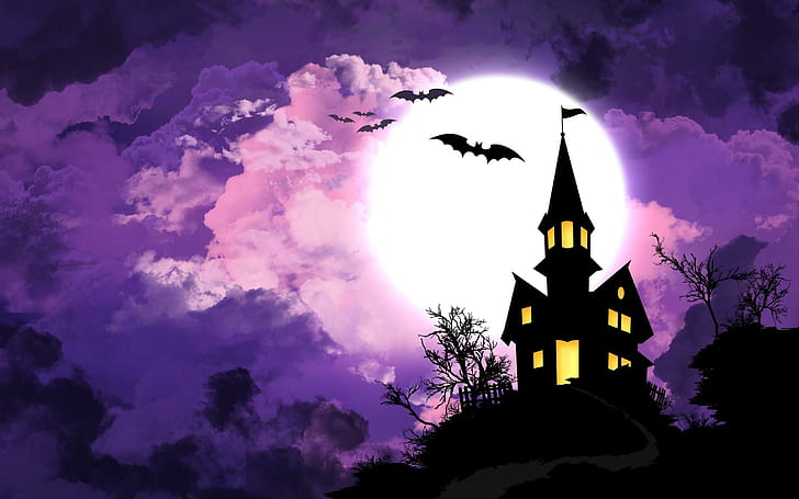 Spooky House, yellow, black, halloween, pink, purple, moon, bats, HD wallpaper