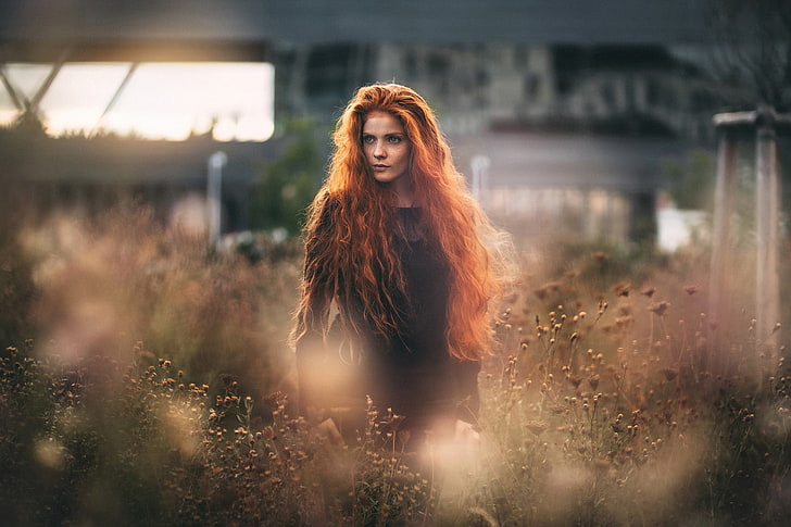 women, model, redhead, blue eyes, long hair, women outdoors, HD wallpaper