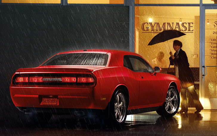 red, rain, woman, umbrella, Dodge, challenger, shop, Muscle car