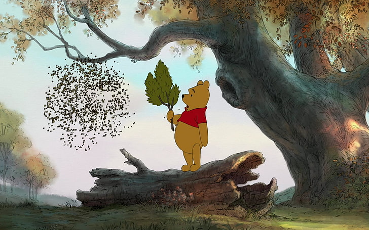 Winnie The Pooh wallpaper, yellow, cartoon, bear, multfilm, tree, HD wallpaper