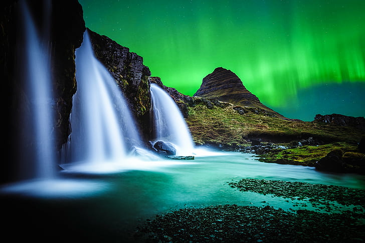 body of water falling from above during green sky, kirkjufell