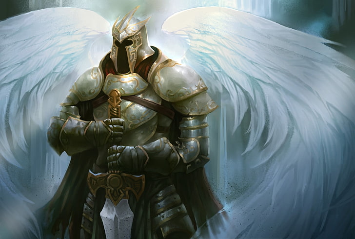 winged knight wallpaper, wings, angel, sword, art, helmet, armor