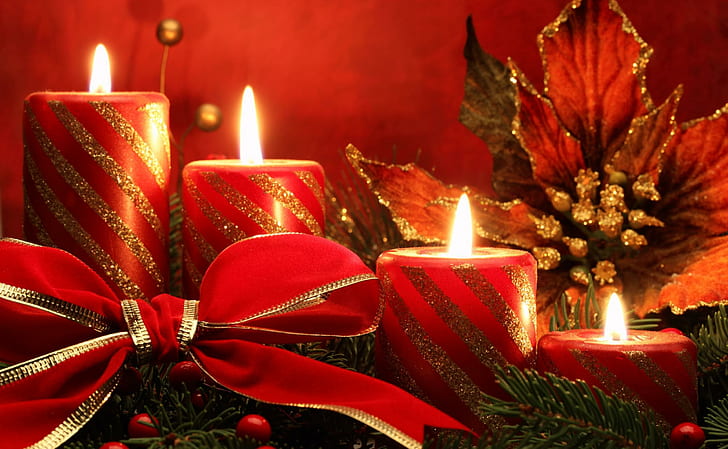 new year, christmas, holiday, candles, needles, ribbon, HD wallpaper