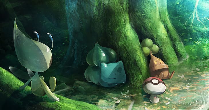 Pokémon, Bulbasaur, Celebi, sleeping, forest, trees