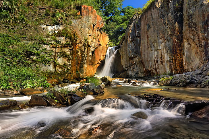 waterfalls near cliff during daytime, soft, hard, rock, stream