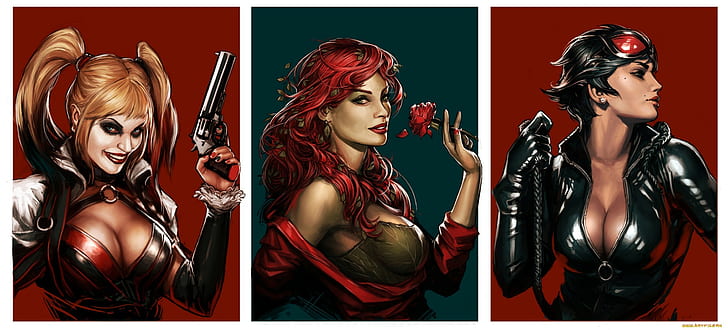 Batman, Catwoman, Harley Quinn, artwork, Poison Ivy, DC Comics
