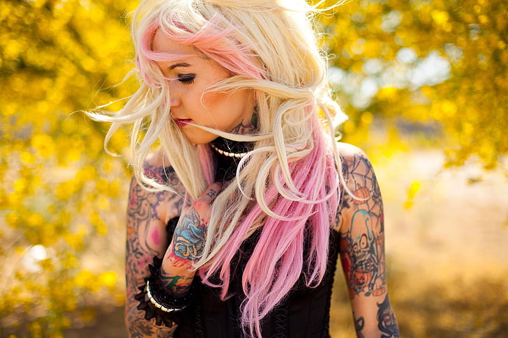 women, dyed hair, blonde, pink hair, tattoo, windy, looking away