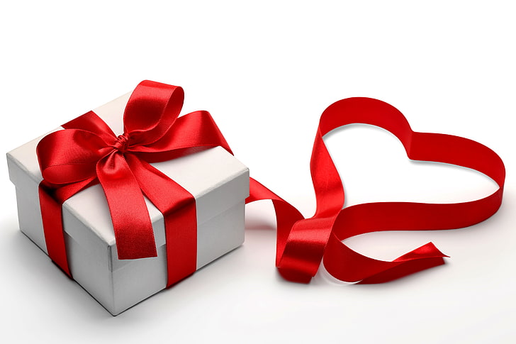 white gift box with red ribbon, heart, tape, love, bow, romantic, HD wallpaper