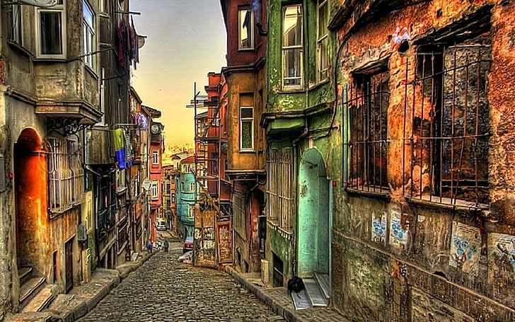 brown and gray residential houses, Istanbul, Turkey, colorful