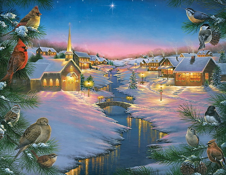 several birds wallpaper, Christmas, water, reflection, palm tree, HD wallpaper