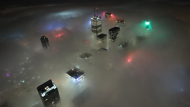 high-rise buildings, city, lights, skyline, mist, night, aerial view
