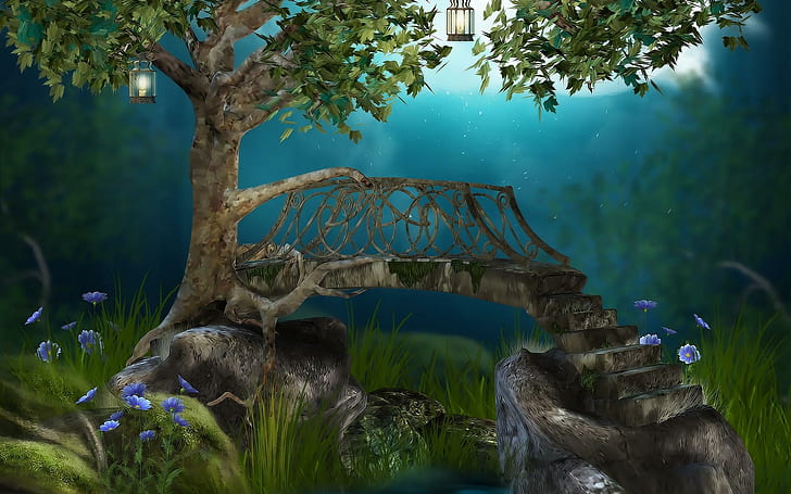 Magic Place, bridge, fantasy, tree, river, flowers, abstract, HD wallpaper