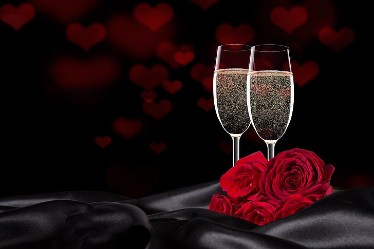 two clear flute glasses and red roses, love, gift, wine, heart, HD wallpaper