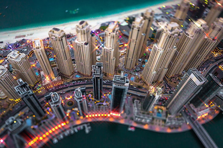 skyscapper buildings, tilt shift, cityscape, Dubai, United Arab Emirates, HD wallpaper