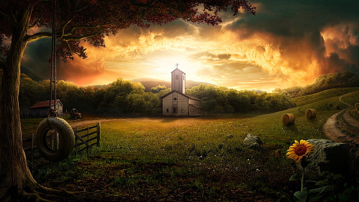 Church Sunset Grass Flower Tree Tire Swing HD, church surrounded by trees painting