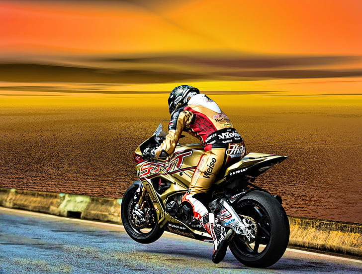 man in full motor suit set riding brown and black sport bike, HD wallpaper