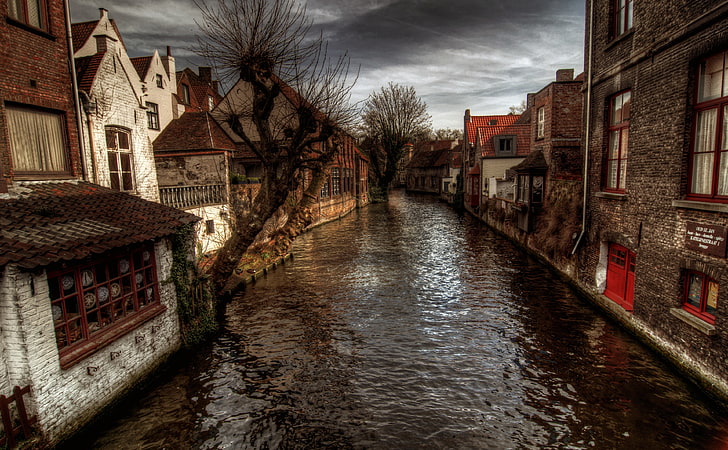 A Canal In Bruges, river and houses, Seasons, Autumn, Belgium