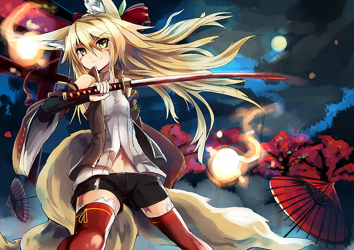 female anime character with yellow hair, anime girls, weapon, HD wallpaper
