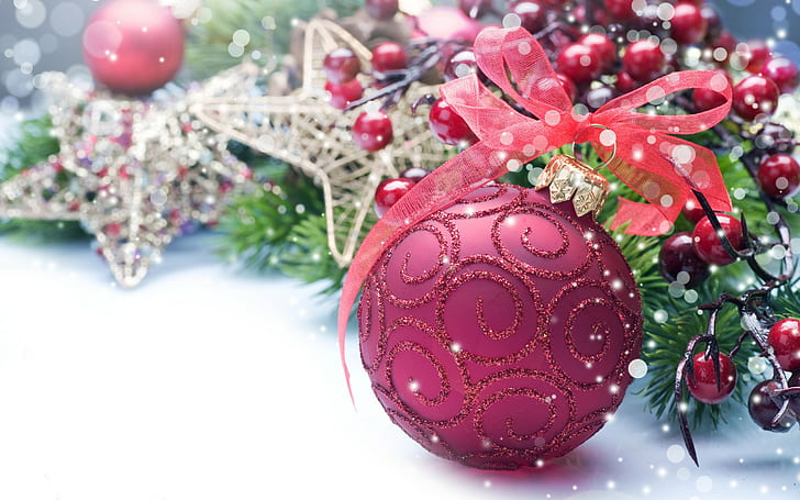 Christmas, New Year, Christmas ornaments, berries, ribbon, HD wallpaper
