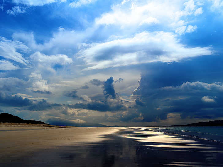 blue sky, sea, ocean, evening, beach, sand, clouds, nature, cloud - Sky, HD wallpaper