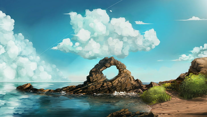 brown rock formation on shore artwork painting, nature, sea, beach